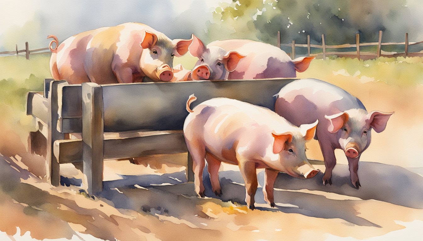 A group of pigs are gathered around a trough, eagerly eating from it.</p><p>The sun is shining, casting a warm glow on their pink, snuffling bodies