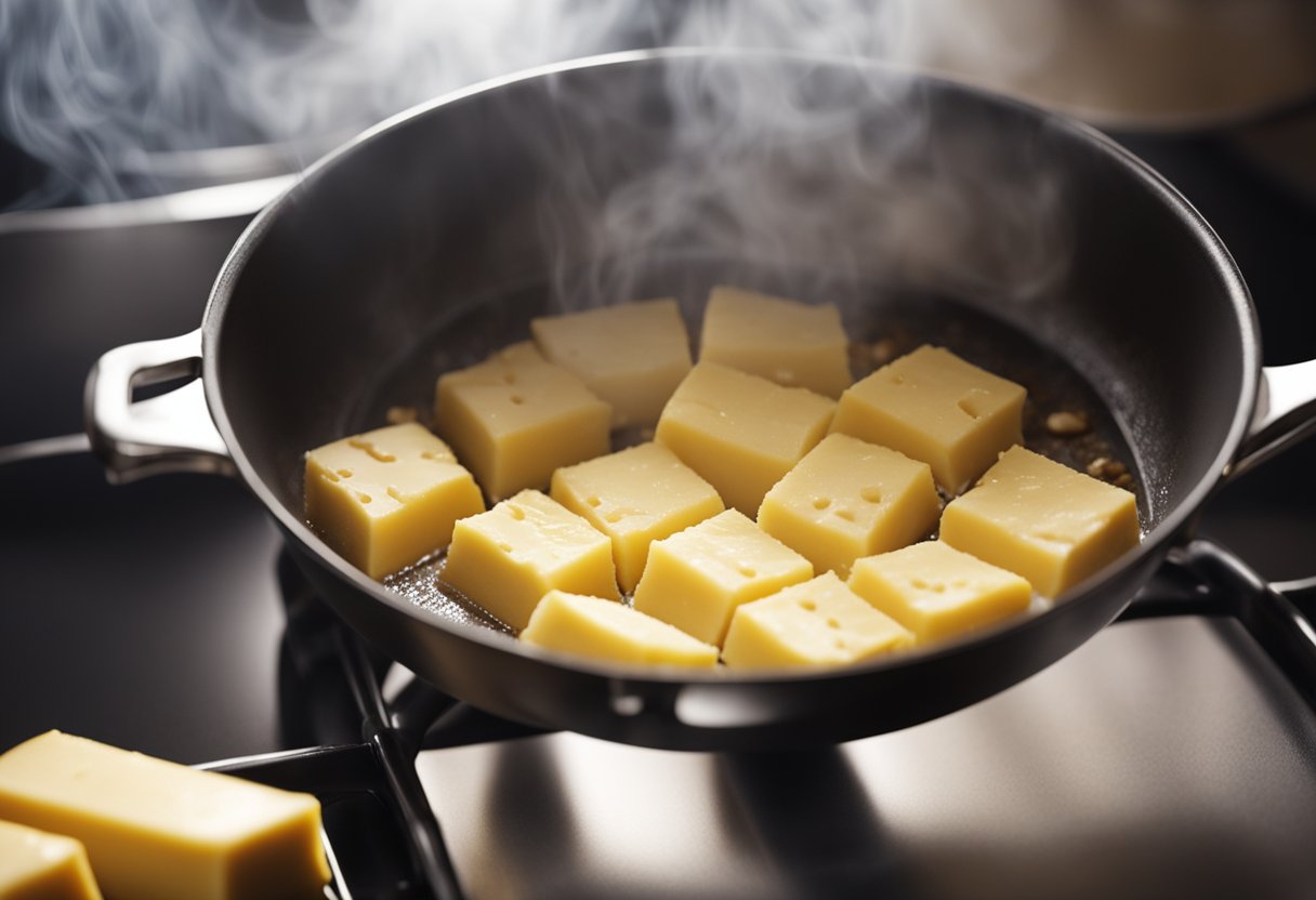 Butter sizzling in a hot pan, gradually turning golden brown with a nutty aroma filling the air