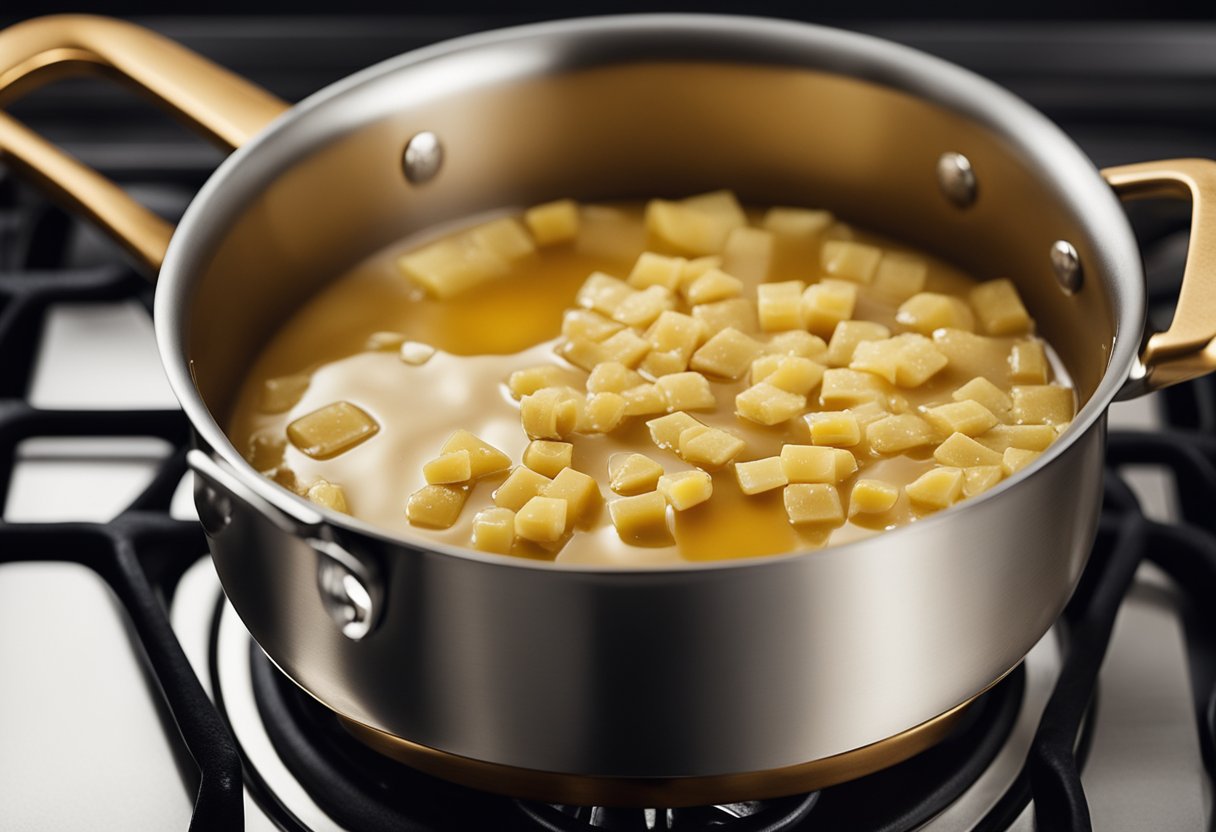 A saucepan on a stovetop with melted butter turning golden brown, emitting a nutty aroma