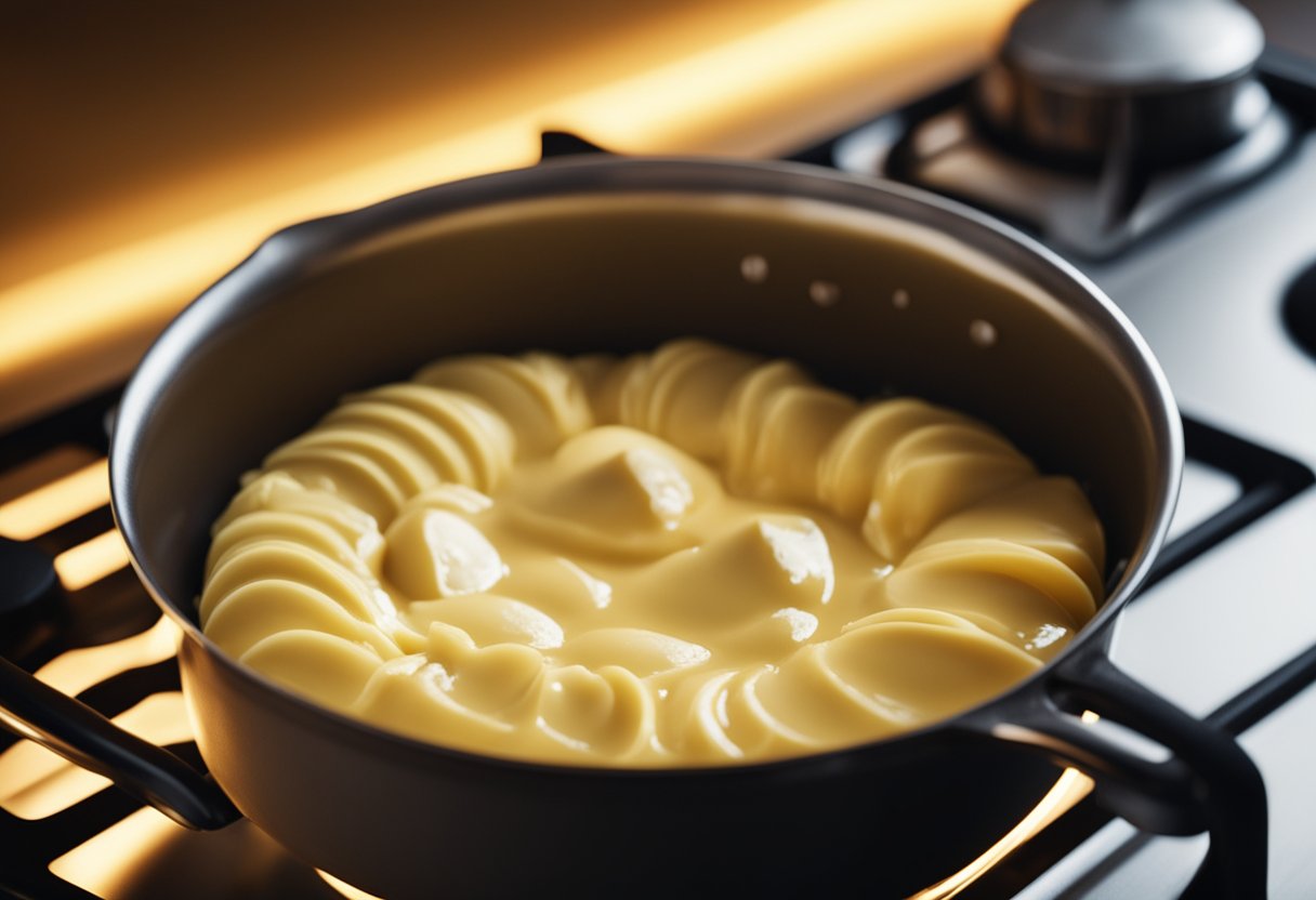 A pot of butter on a stovetop, bubbling and slowly turning golden brown, emitting a nutty aroma