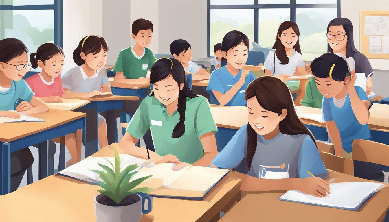 A group of volunteers teach at a CDAC tuition center. They engage with students in learning activities