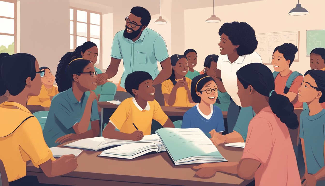 A group of diverse students eagerly engage with a CDAC Tuition Volunteer, who is animatedly teaching and guiding them through their studies