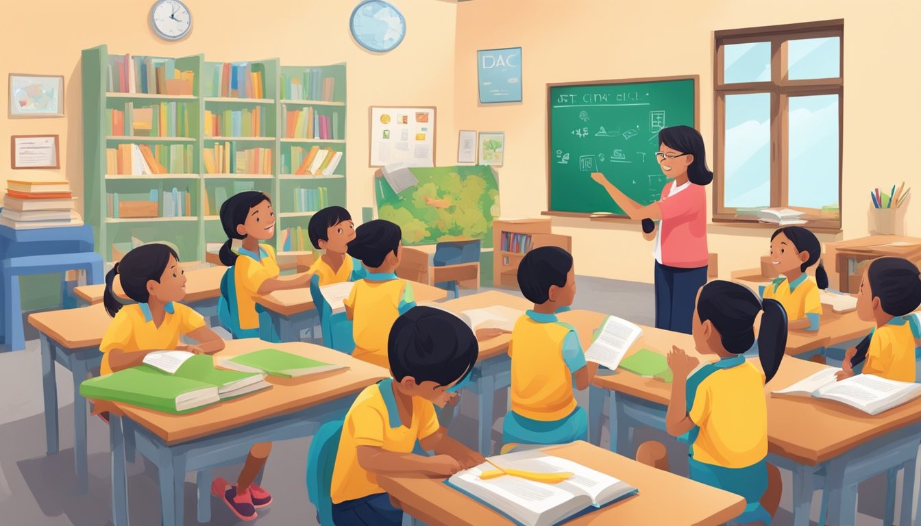 A group of volunteers teach children in a classroom at the CDAC tuition programme. Books, desks, and educational materials are scattered around the room