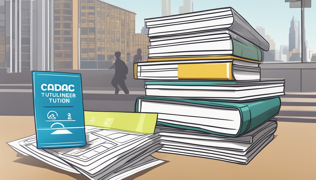 A stack of FAQ sheets next to a CDAC tuition sign, with a volunteer badge nearby