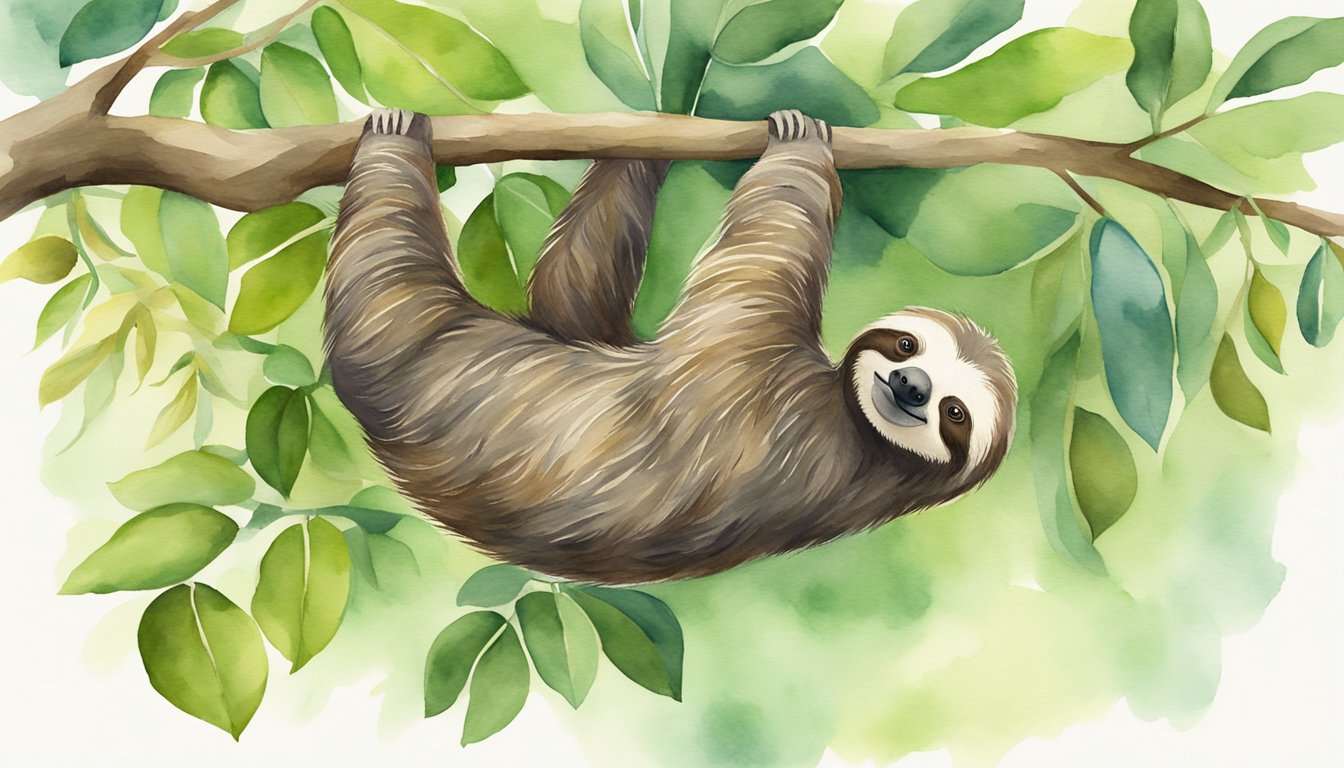 A sloth hangs from a tree branch, lazily reaching for leaves.</p><p>Its slow movements and relaxed demeanor reflect its peaceful interaction with the lush, green environment