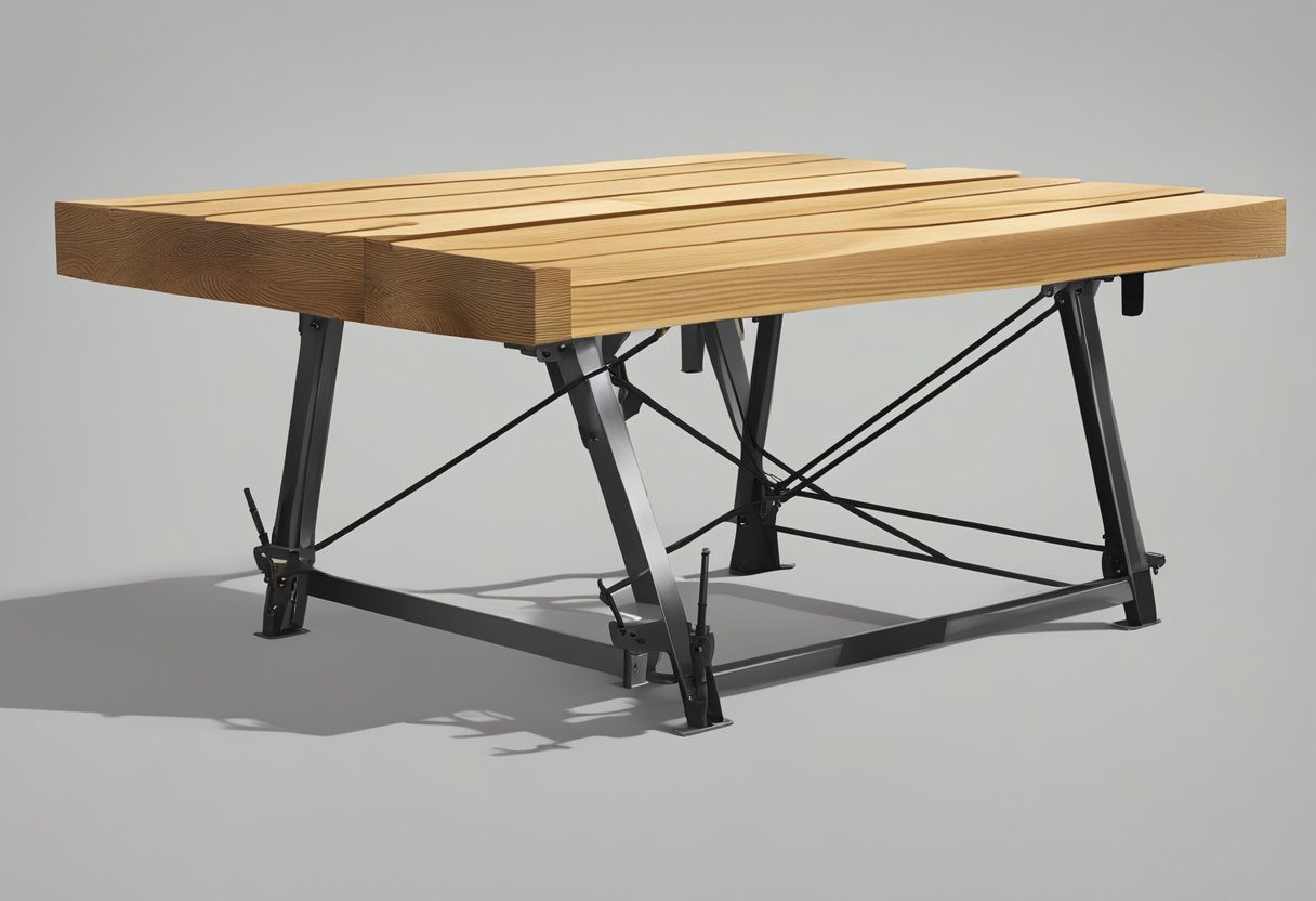 A sturdy scaffold plank serves as a table, supported by metal legs