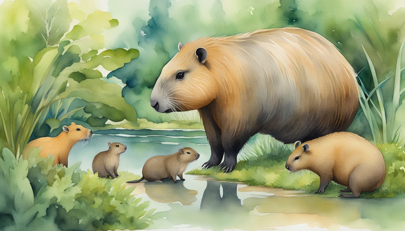 Capybara interacting with diverse wildlife in a lush, natural setting