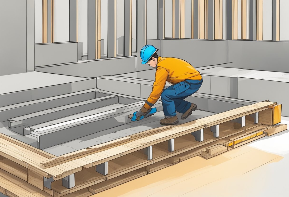 A construction worker is assembling formwork using lvl boards on a concrete slab. The boards are being cut and arranged to create a mold for pouring concrete