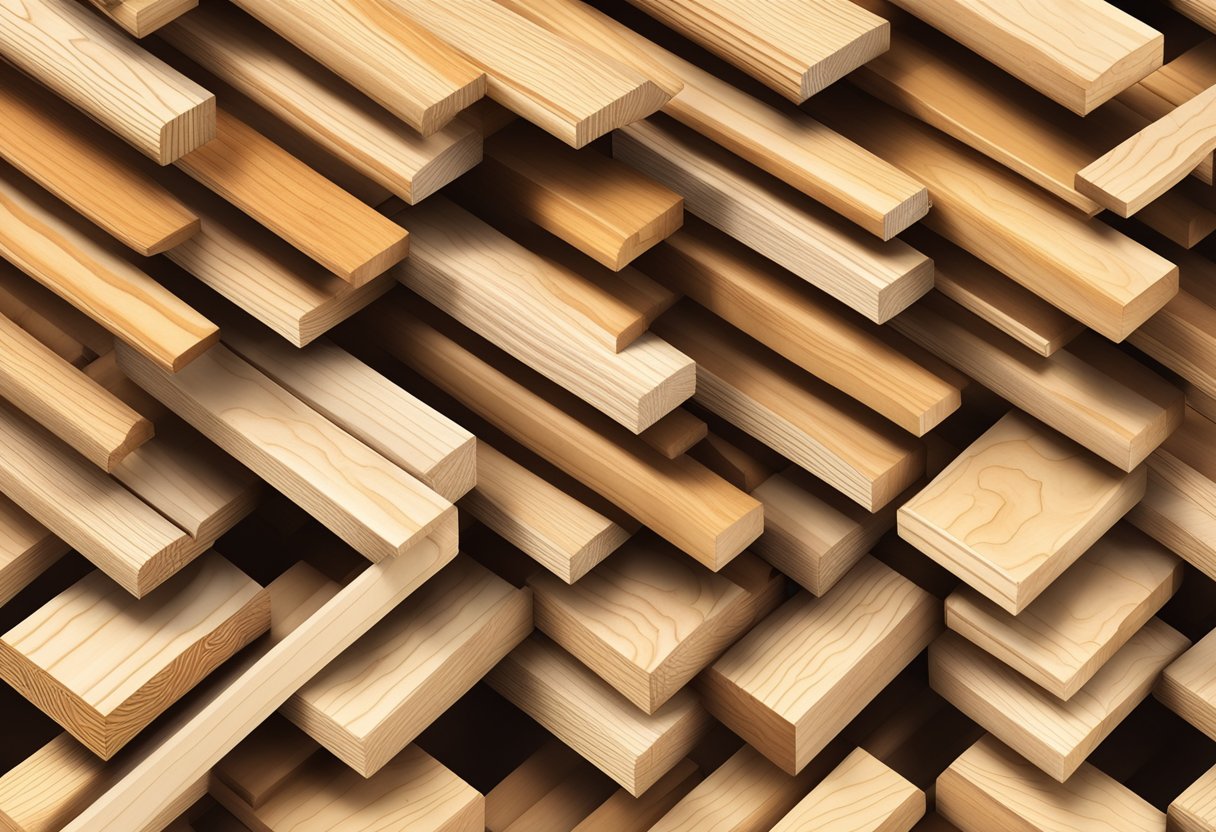 A stack of timber LVL beams arranged in a neat and orderly fashion with visible wood grain and structural details