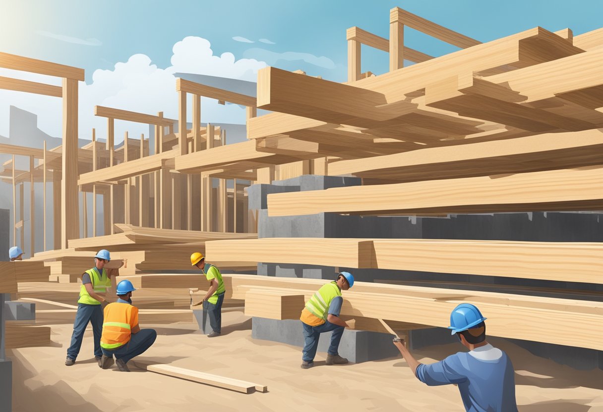 Timber LVL beams stacked at a construction site, with workers using them for framing and support