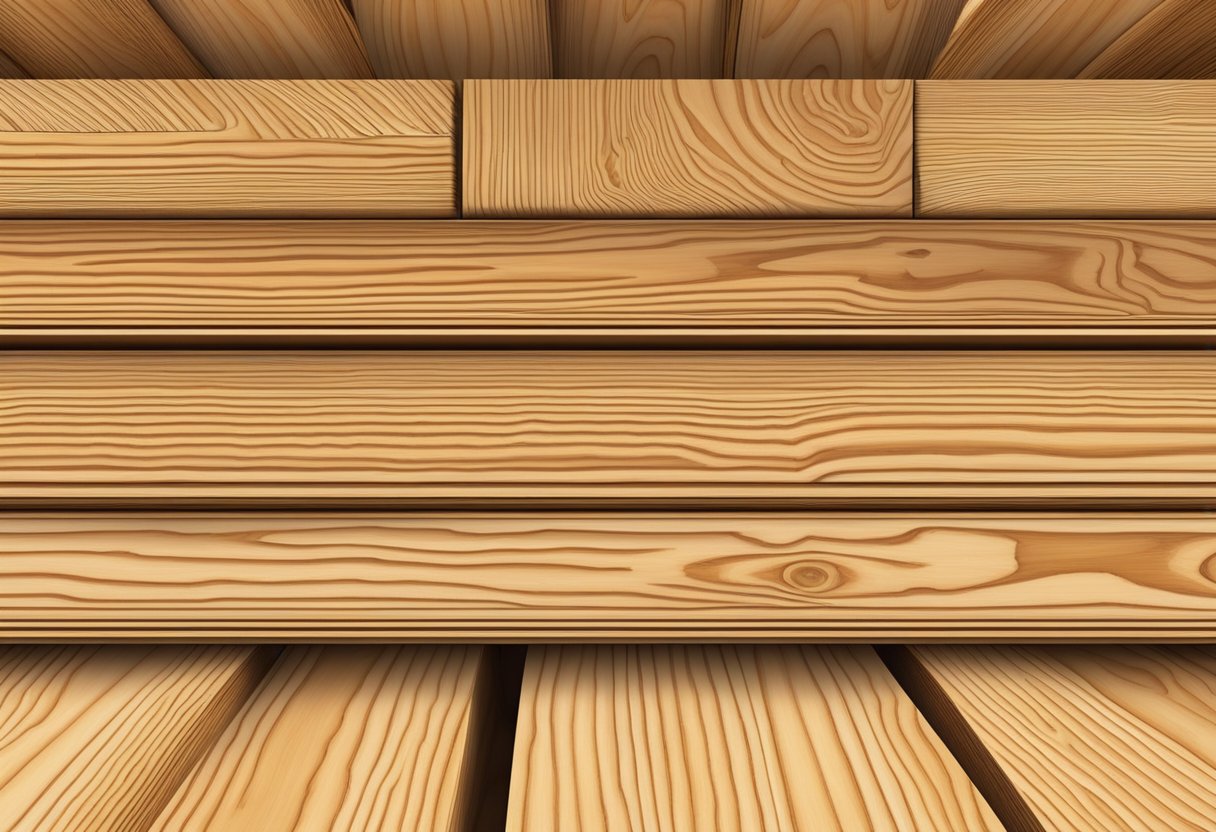 Larch plywood stacked neatly, with visible wood grain and warm, golden hues. Light reflects off the smooth surface, highlighting its natural beauty