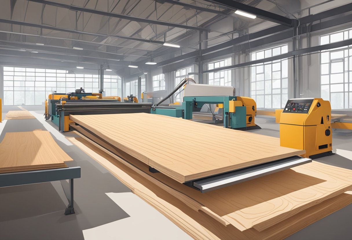 Machines press and cut larch plywood sheets in a bright, spacious factory. Sawdust fills the air as the wood is shaped and sanded