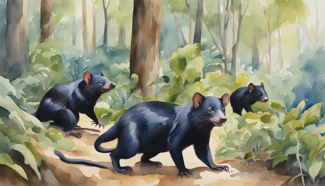 Tasmanian devils foraging in a forest, with a backdrop of lush vegetation and clear blue skies