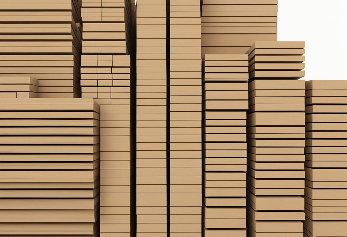 A stack of T&G MDF boards neatly arranged in a warehouse, with the tongue and groove edges clearly visible for joining