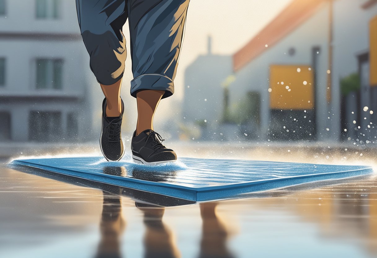 A person confidently walks across a wet surface using an anti-slip board, demonstrating its effectiveness in preventing slips and falls