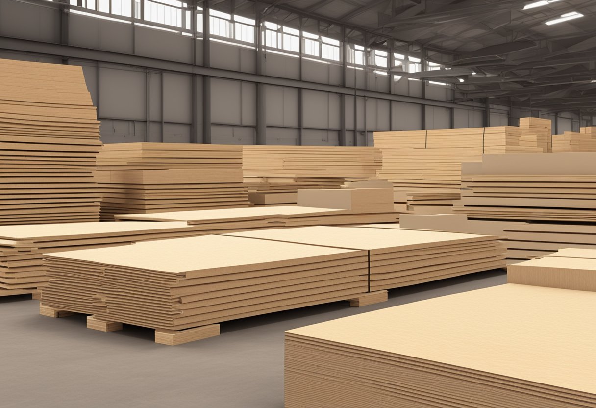 Multiple sheets of plywood stacked in a warehouse, labeled for packaging use. Various types and sizes are visible, with the logo of the manufacturer displayed prominently