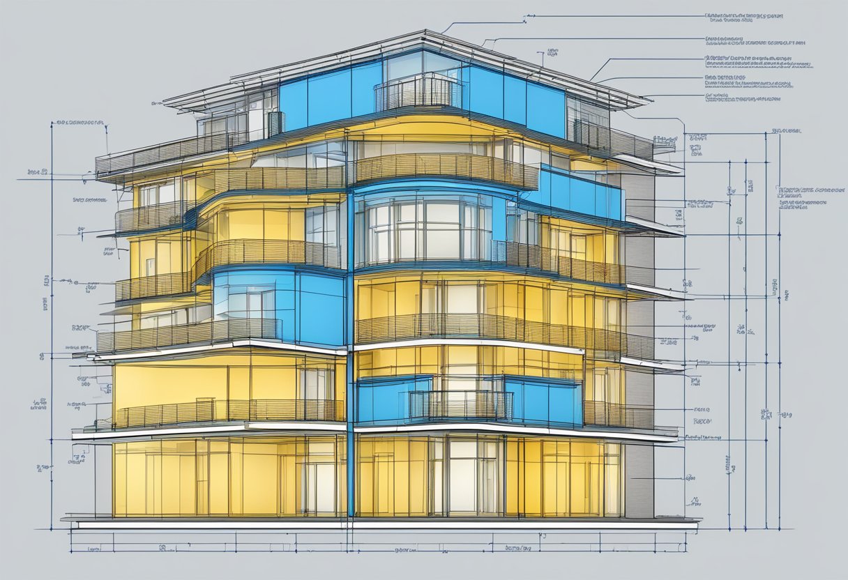 A blueprint of a building with structural levels labeled and highlighted