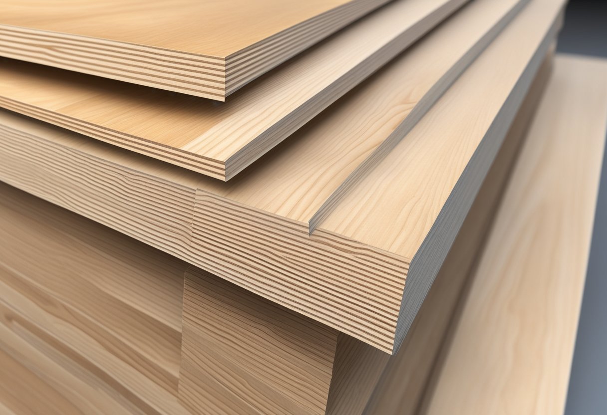 A stack of 3mm poplar plywood sheets sits neatly on a warehouse shelf, the light wood grain visible on the smooth surface