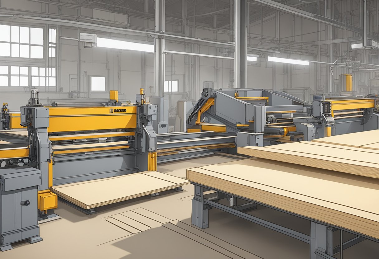 Machines cut, sand, and press layers of 3mm poplar plywood together in a factory setting