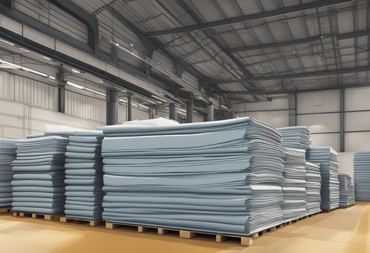 A stack of F14 formply sheets neatly arranged in a warehouse setting