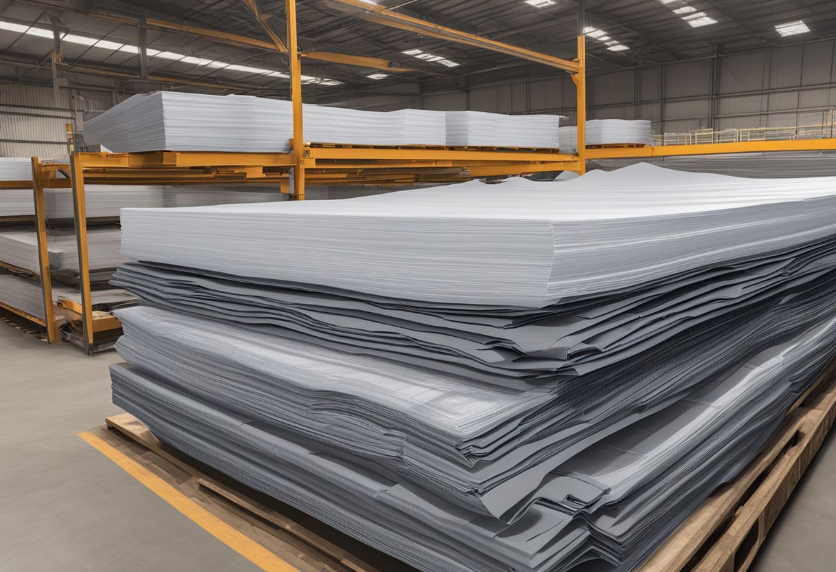 A stack of f14 formply sheets neatly organized in a warehouse, with clear specifications and standards labels visible