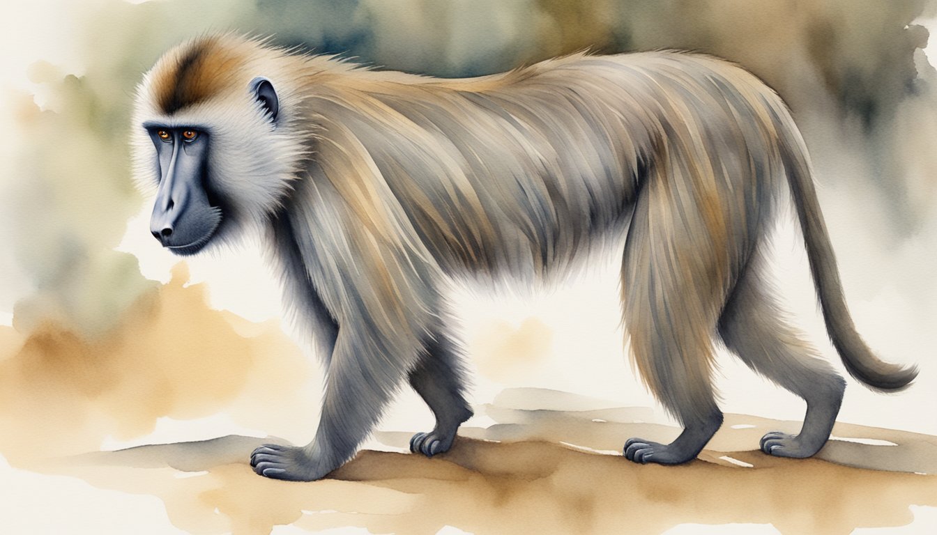 A baboon stands on all fours, its fur a mix of brown, gray, and white.</p><p>It gazes out with intelligent eyes, its long tail curled behind it