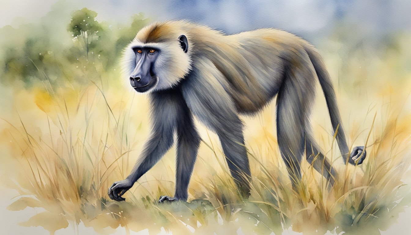 A baboon forages for food in the grasslands, using its powerful jaws to crack open nuts and fruits, while keeping a watchful eye for predators