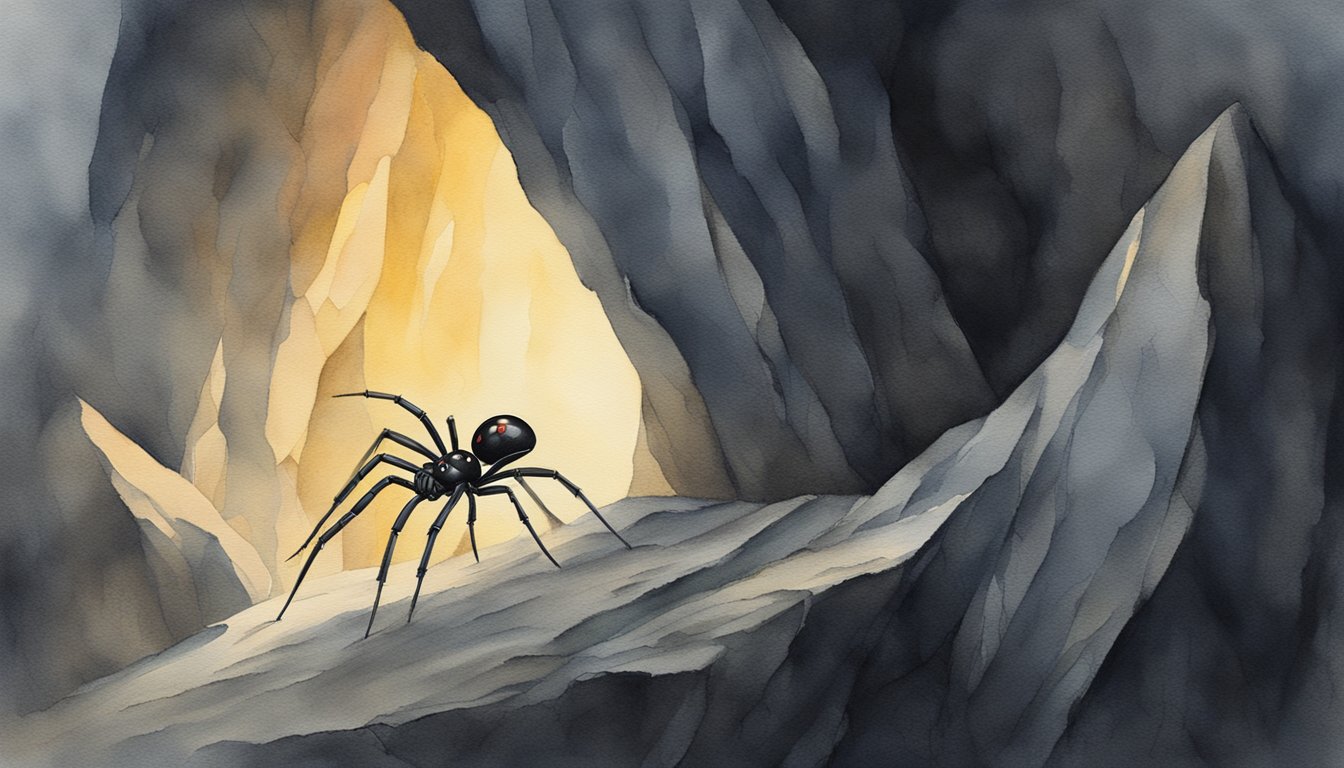 A black widow spider spins its web in the dark corner of a damp and shadowy cave, patiently waiting for its next unsuspecting prey to pass by