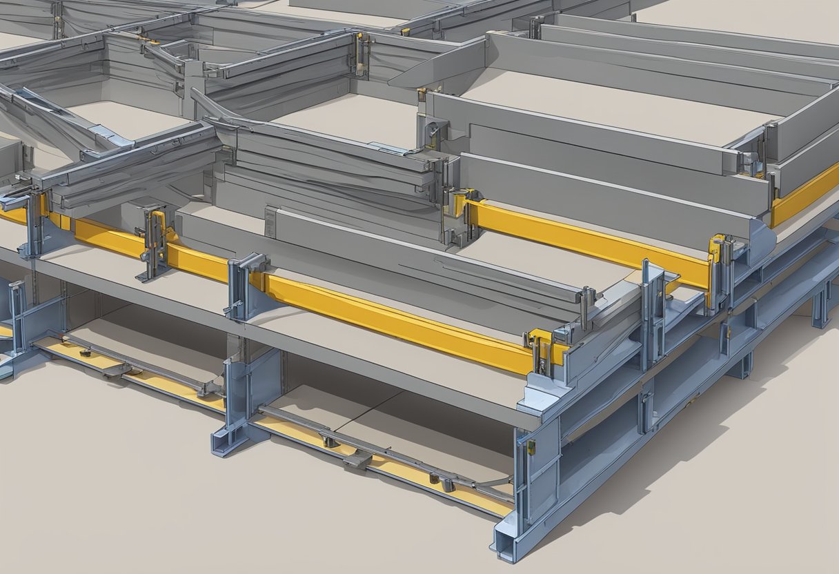 Formply F14 being used to construct sturdy concrete formwork for building foundations and structures. Multiple sheets stacked and fastened with metal clips