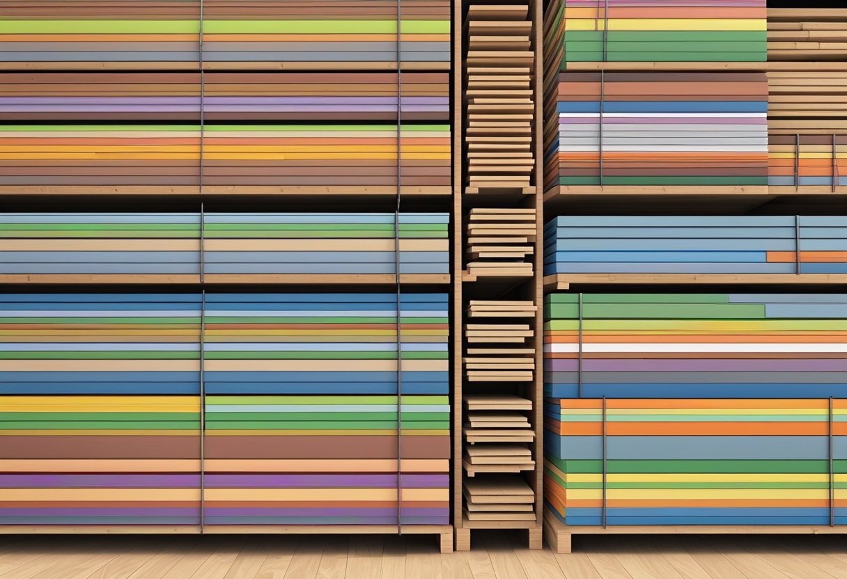 A stack of melamine blockboards neatly arranged in a warehouse, with labels indicating the different sizes and colors