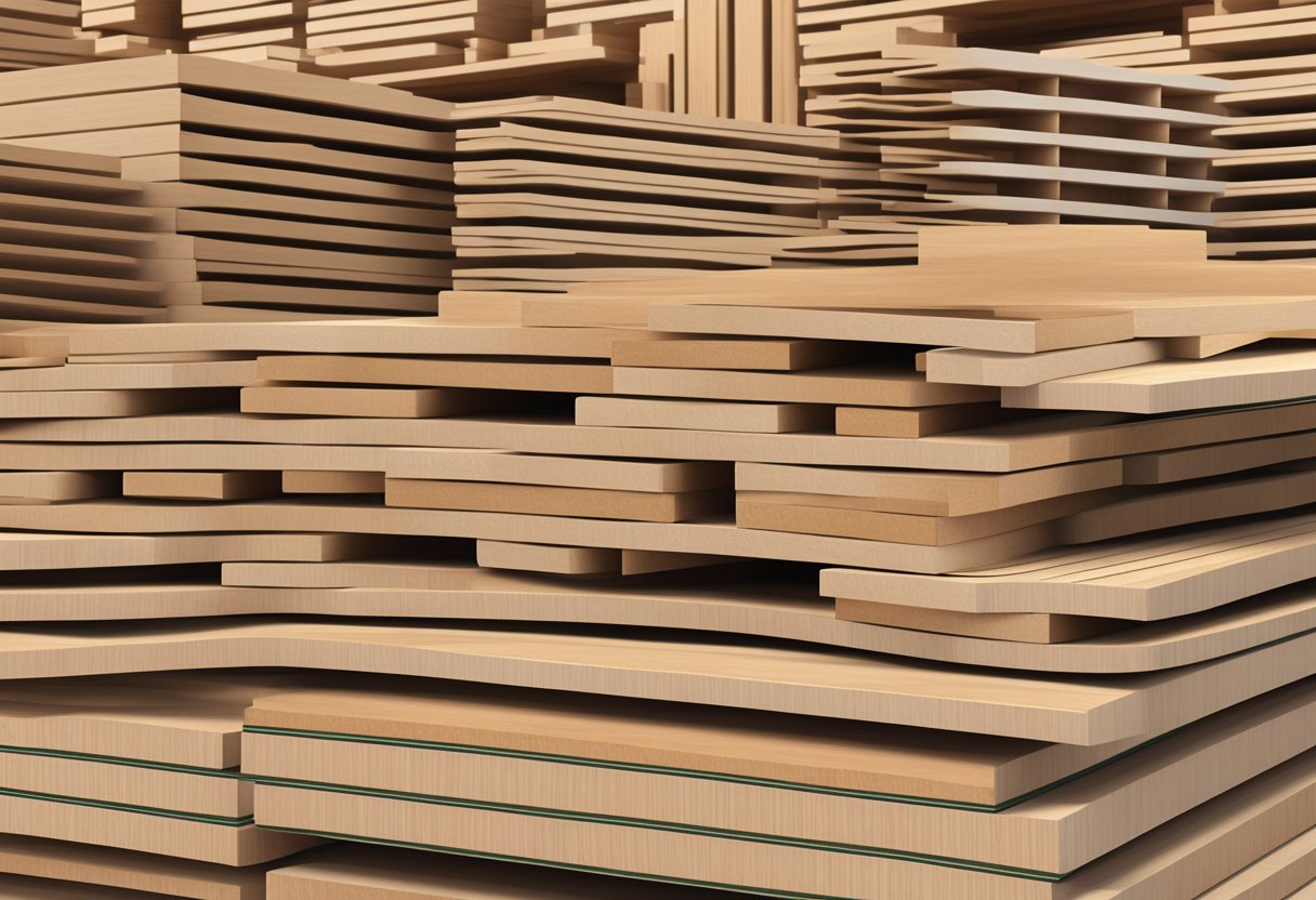 A stack of melamine blockboards neatly arranged in a warehouse, showcasing their smooth surface and uniform edges, with visible wood grain patterns and a glossy finish