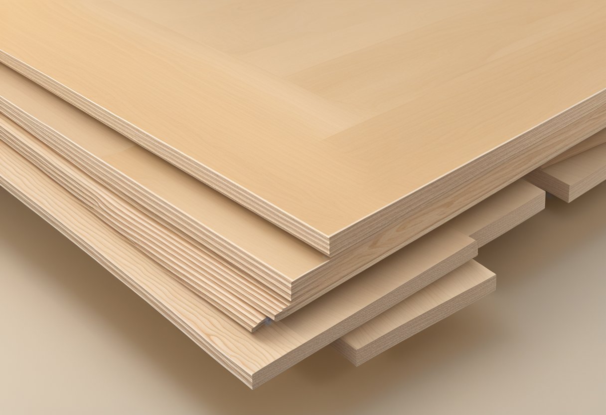 A stack of 18mm poplar plywood sheets neatly arranged, showing the smooth surface and light color of the wood