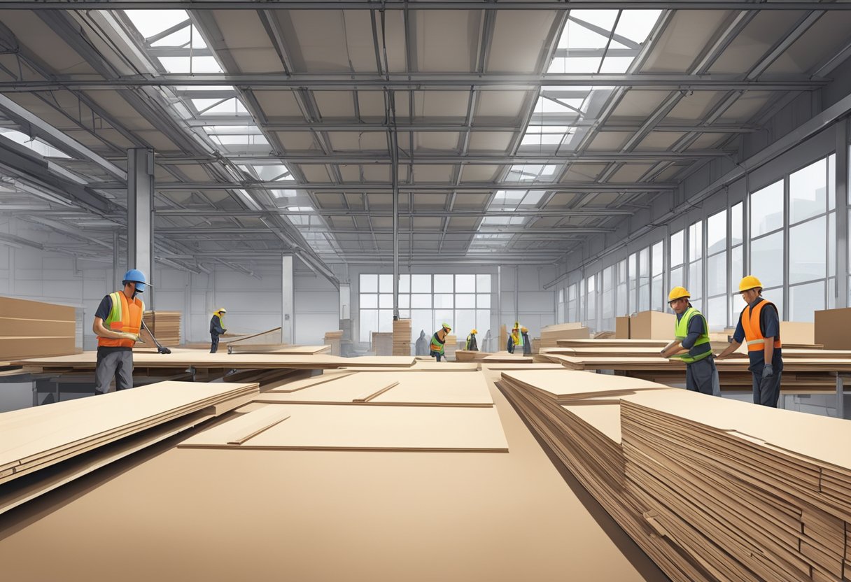 An industrial setting with stacks of 18mm poplar plywood sheets, a saw cutting through a sheet, and workers using the plywood for construction