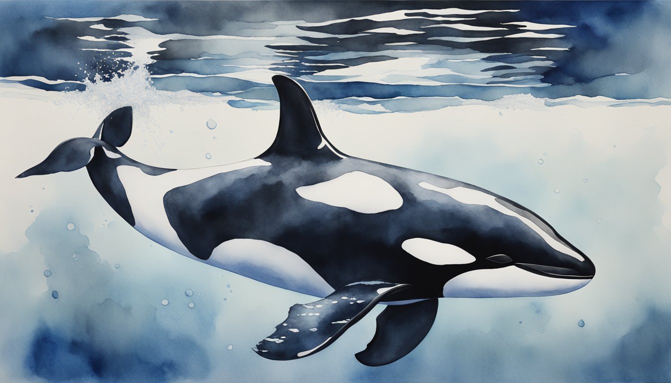 An orca swims gracefully through the deep blue ocean, its sleek black and white body cutting through the water with ease.</p><p>Its distinctive dorsal fin rises proudly from its back, and its powerful tail propels it forward with strength and grace