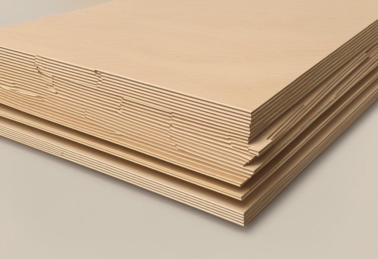 A stack of 18mm poplar plywood sheets, light in color with visible wood grain, neatly stacked and ready for use