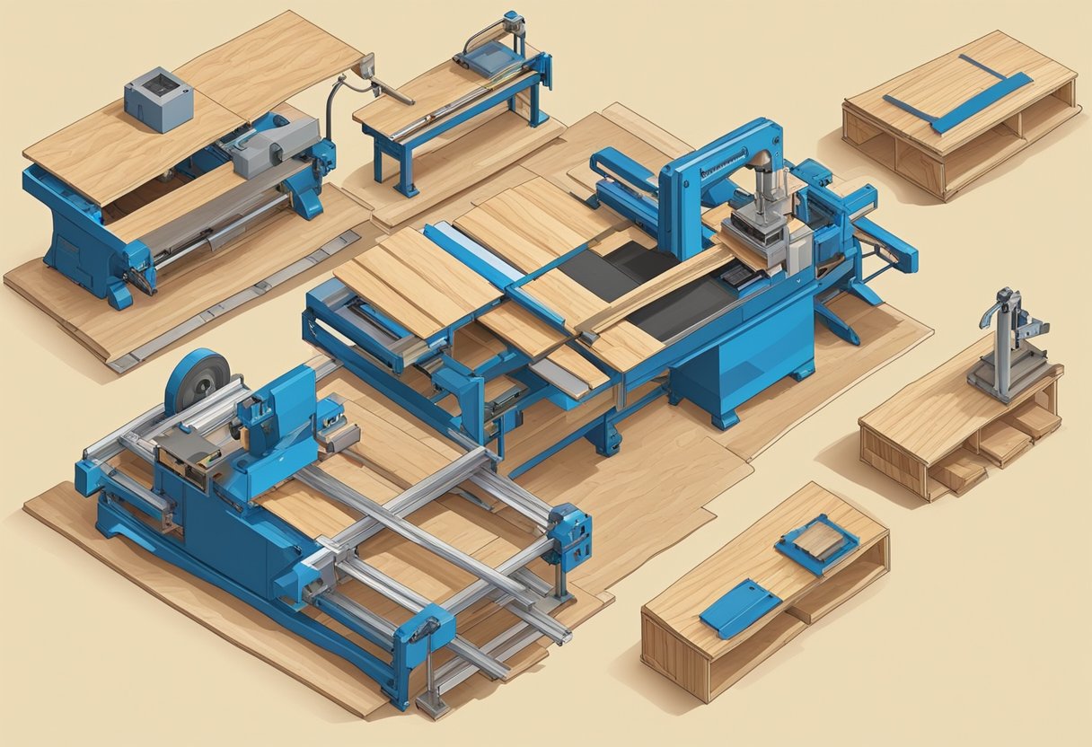 Machines cut, press, and assemble poplar plywood sheets into 18mm thickness. Sawdust and wood chips are collected for recycling