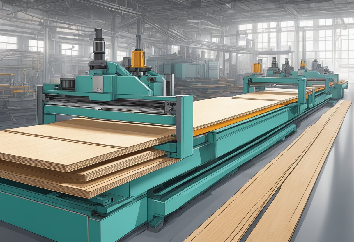 Machines cut, glue, and press layers of plywood together in a factory