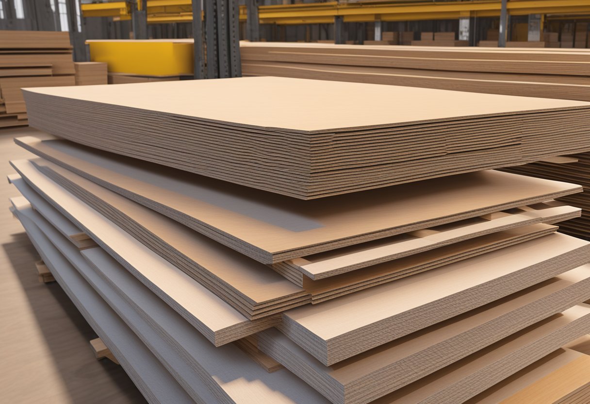 A stack of Combi Plywood sheets arranged neatly in a warehouse setting, with various sizes and thicknesses on display