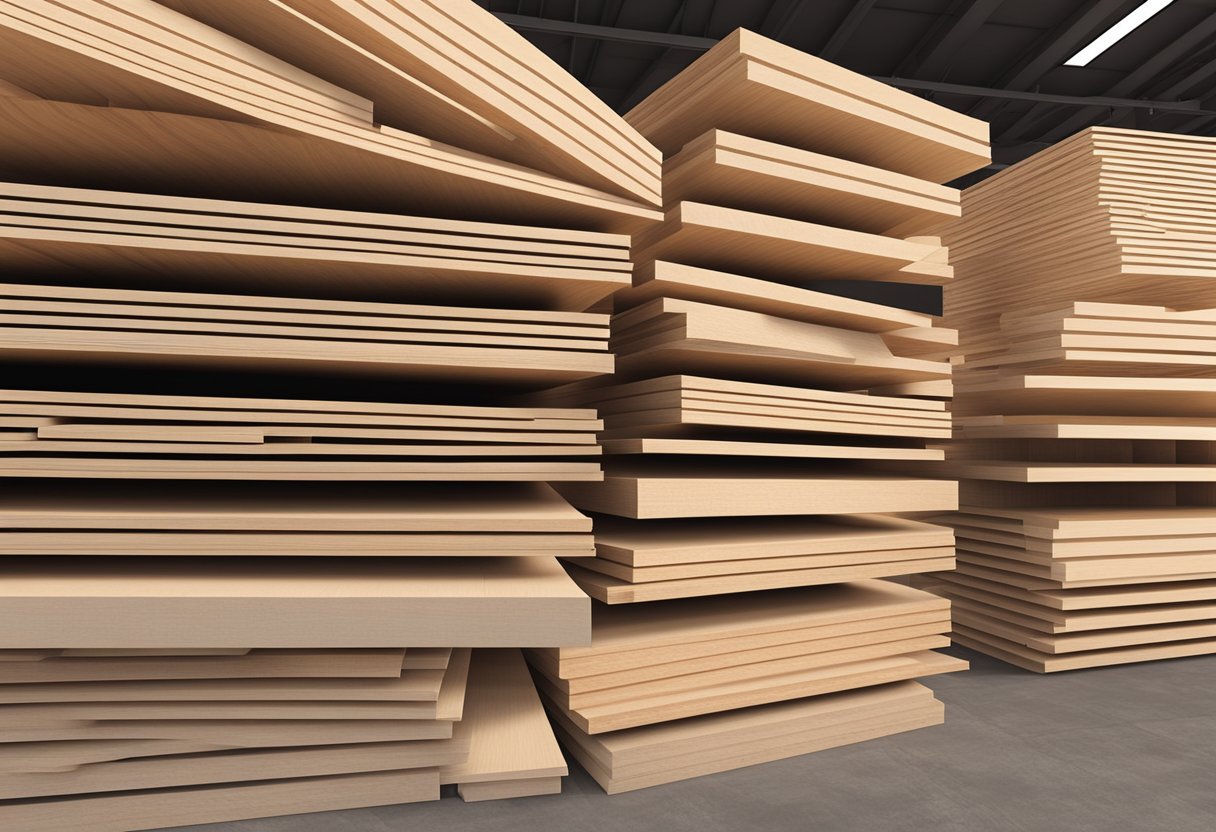 A stack of various combi plywood sheets arranged neatly in a warehouse, showing different sizes and thicknesses