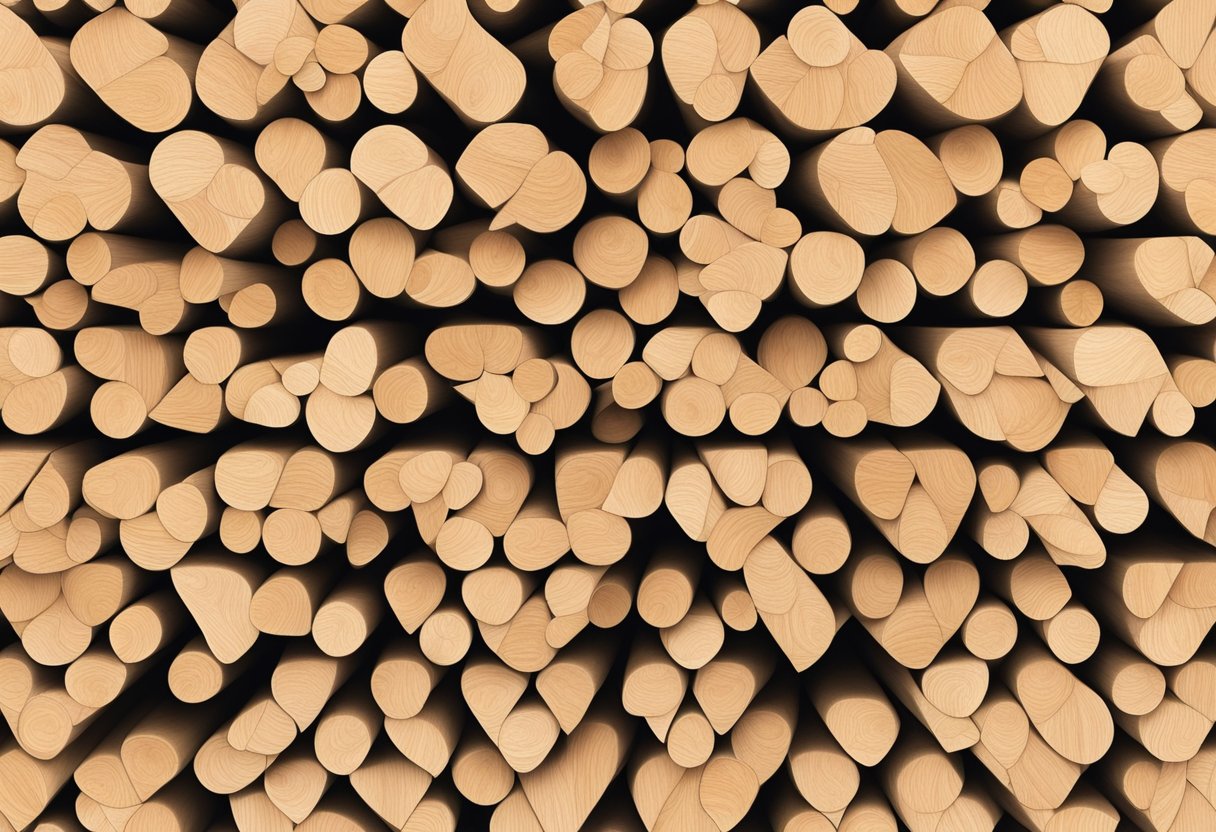 A stack of pencil cedar plywood arranged in a balanced composition, showcasing the natural grain and texture of the wood