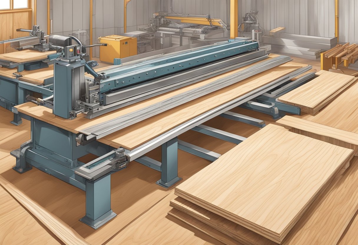 Machines cut, glue, and press pencil cedar veneers into plywood sheets. Sawdust and wood chips litter the factory floor