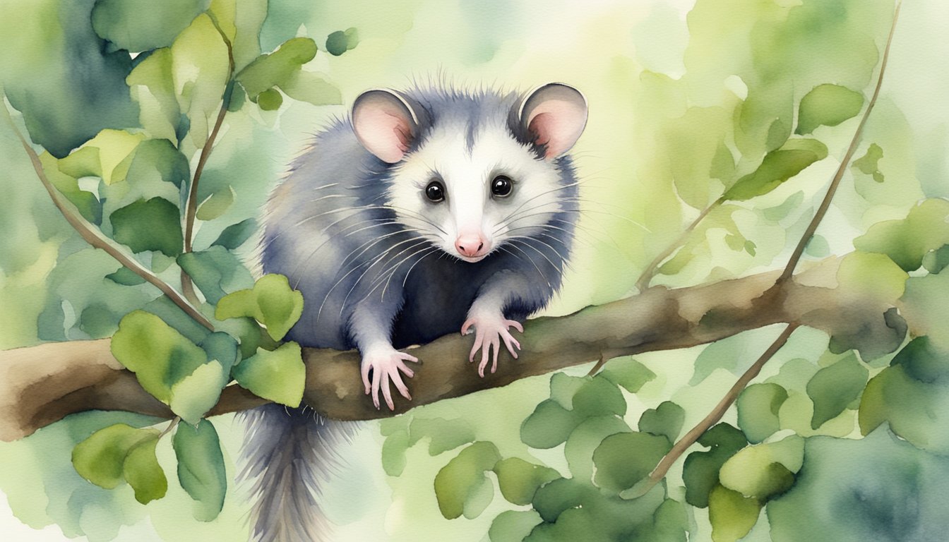 An opossum perched on a tree branch, surrounded by lush green foliage, with its long prehensile tail wrapped around the branch for balance