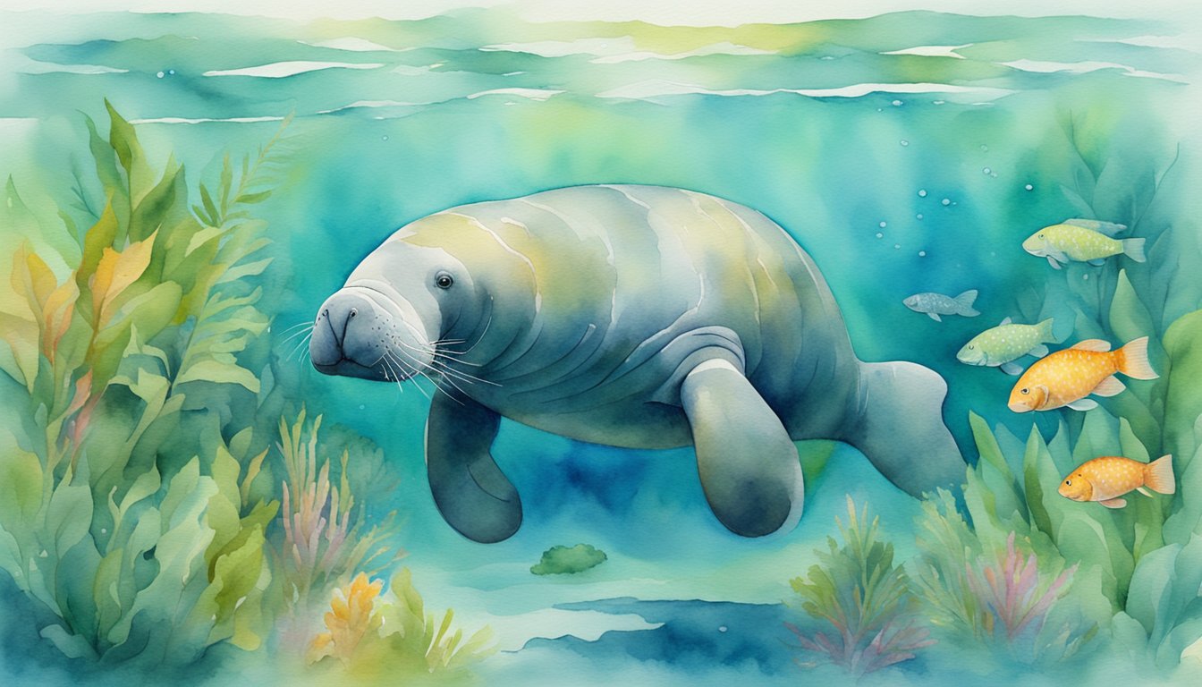 A manatee peacefully glides through the crystal-clear waters, surrounded by lush aquatic vegetation and colorful fish