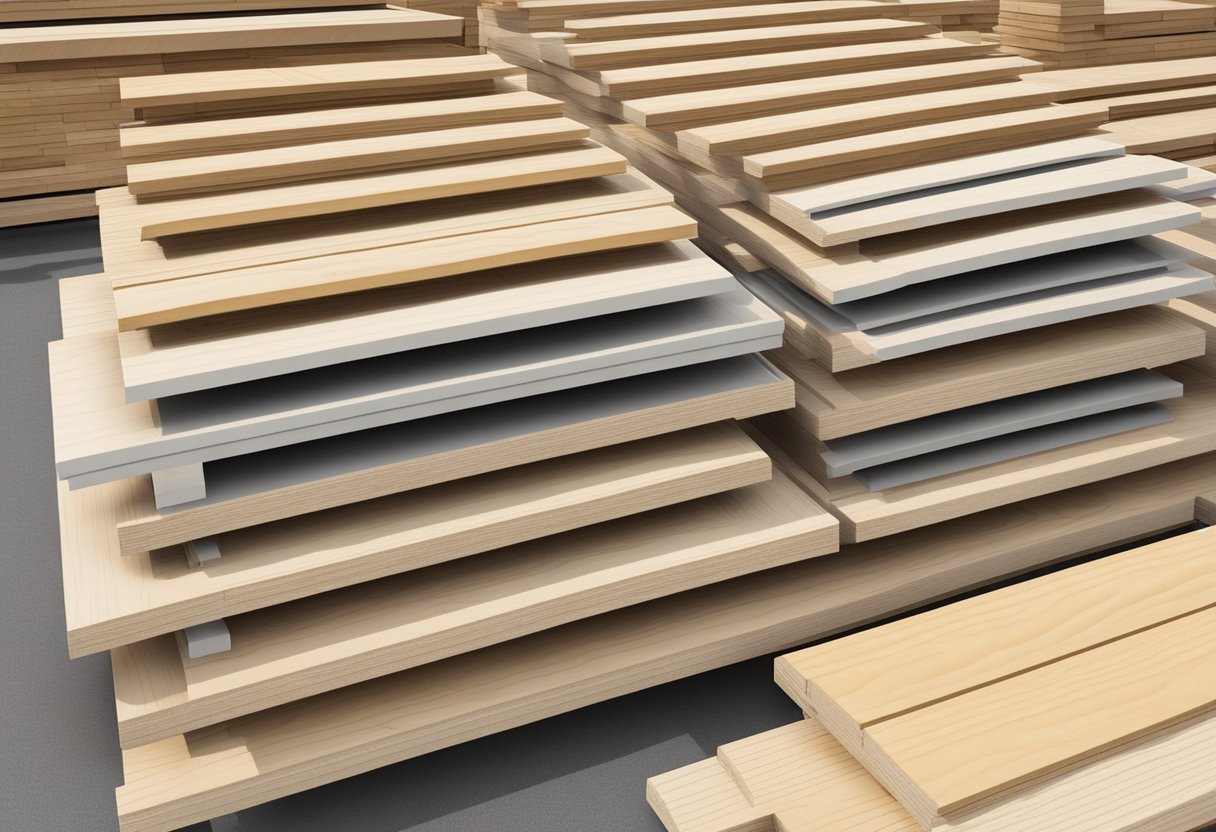 A stack of LVL form boards arranged neatly on a construction site, ready for use