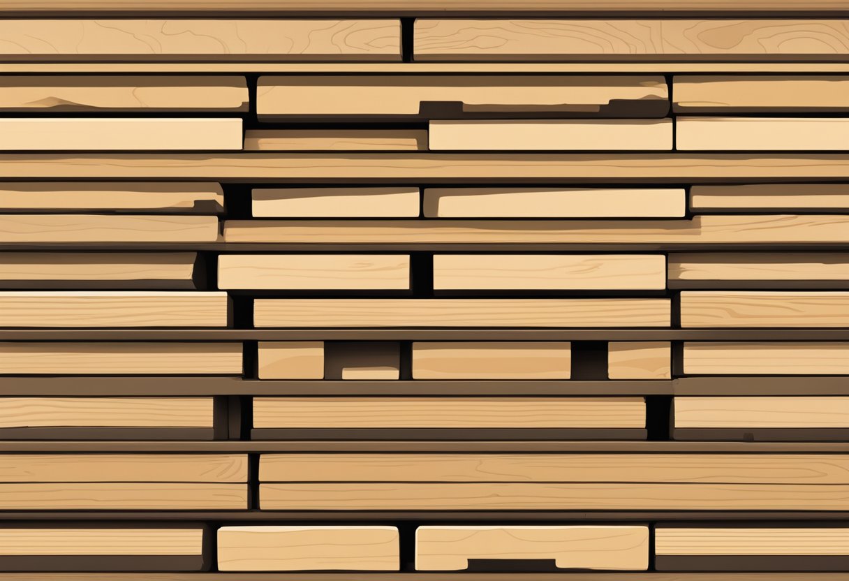 A stack of lumber, evenly leveled, sits in a warehouse