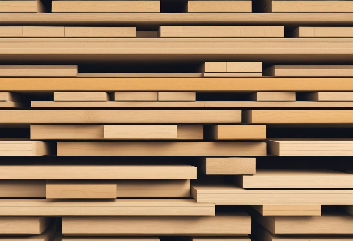 A stack of lumber LVL sits in a warehouse, neatly organized and ready for use in construction projects