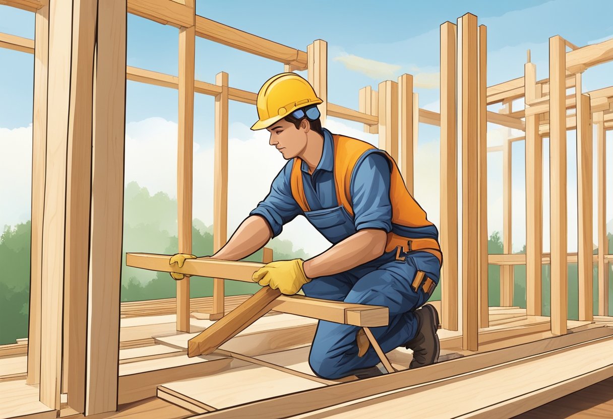 A construction worker uses LVL lumber to build a sturdy frame for a new house