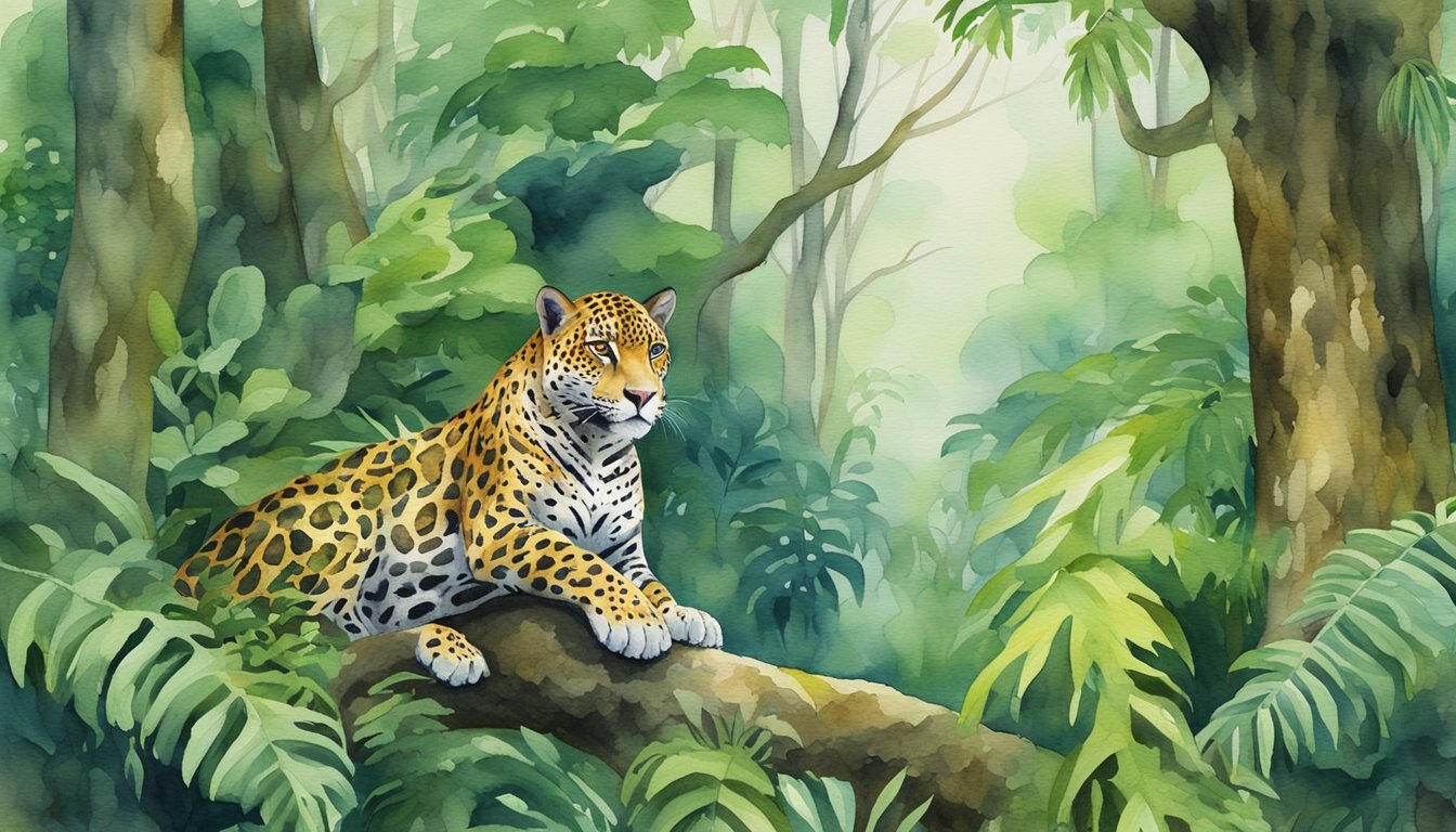 A dense rainforest with a majestic jaguar perched on a moss-covered tree, surrounded by lush greenery and vibrant wildlife