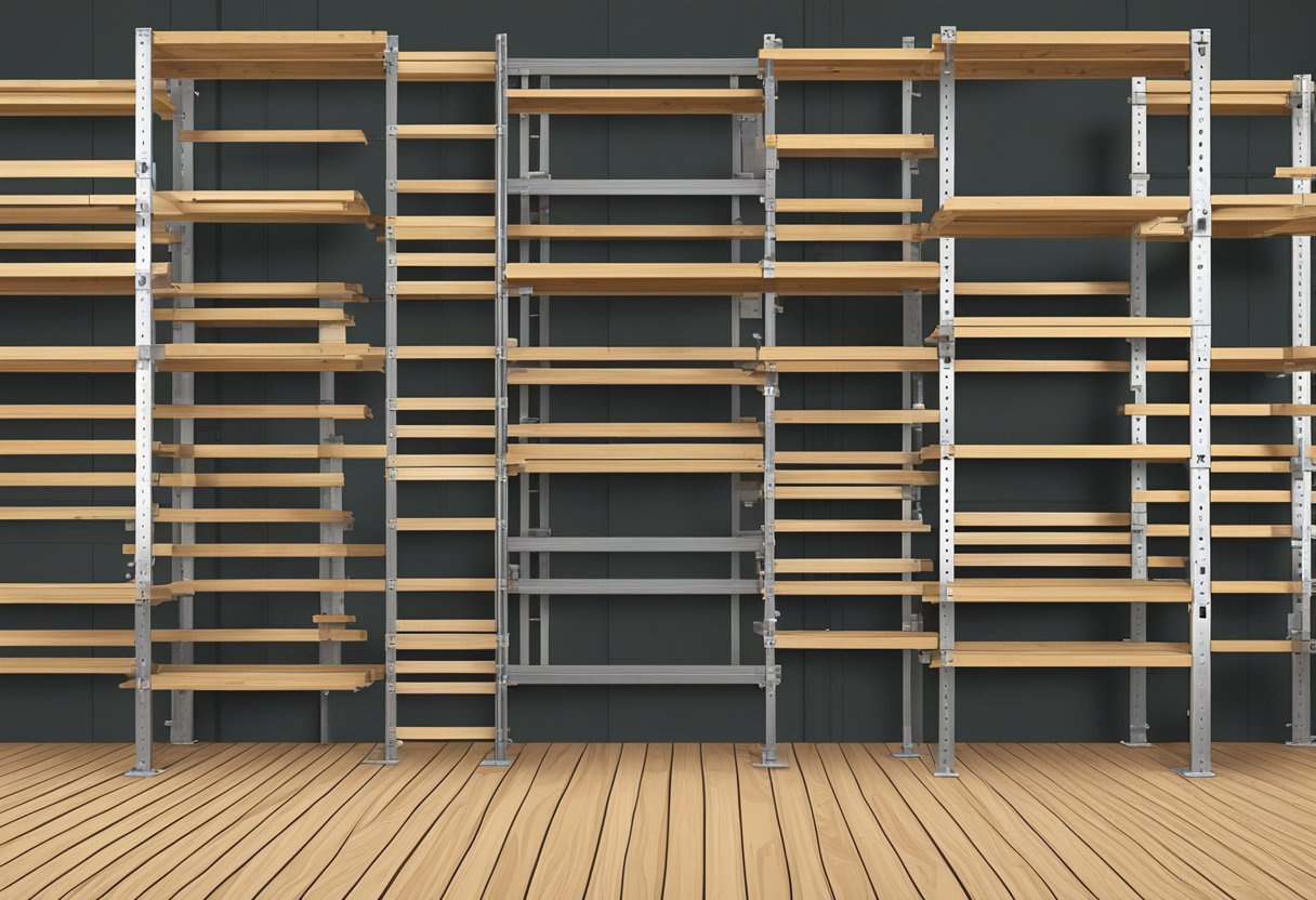 Several scaffold planks arranged horizontally and vertically to create shelving. The planks are secured with metal brackets and bolts