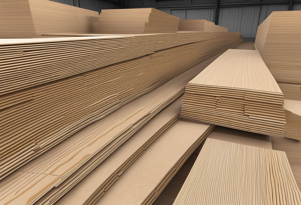 A stack of EV plywood sheets neatly arranged in a warehouse, with labels and barcodes visible